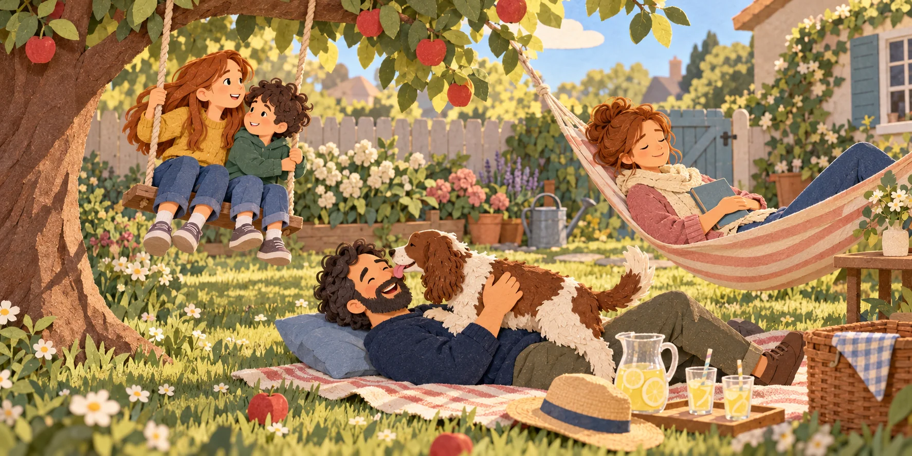A paper-craft garden on a sunny afternoon: two kids on a swing under an apple tree, dad laughing on a picnic blanket with the dog on his chest, mom reading in a hammock.