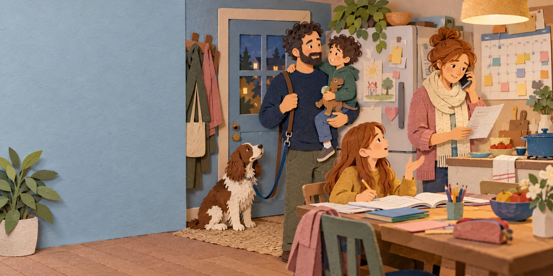 A cut-paper diorama of a family kitchen at dusk: a dad with a toddler on his hip and the dog’s leash in hand, a girl doing homework, and a mom on the phone reading a letter beside a calendar crowded with notes.