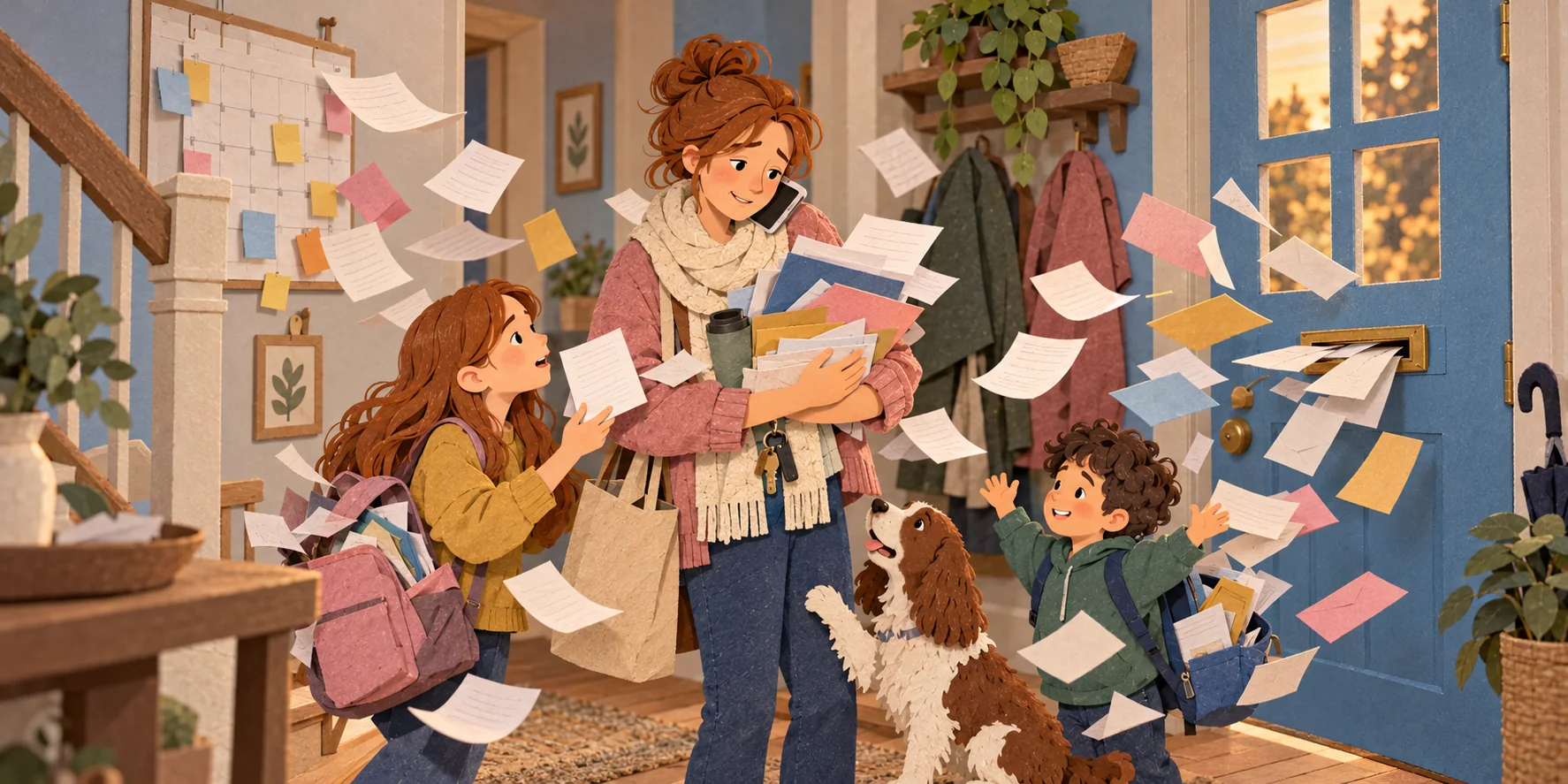 A paper-craft front hall: a mom with her arms full of letters and forms while more papers fly in through the mail slot, her kids and the dog all around her.