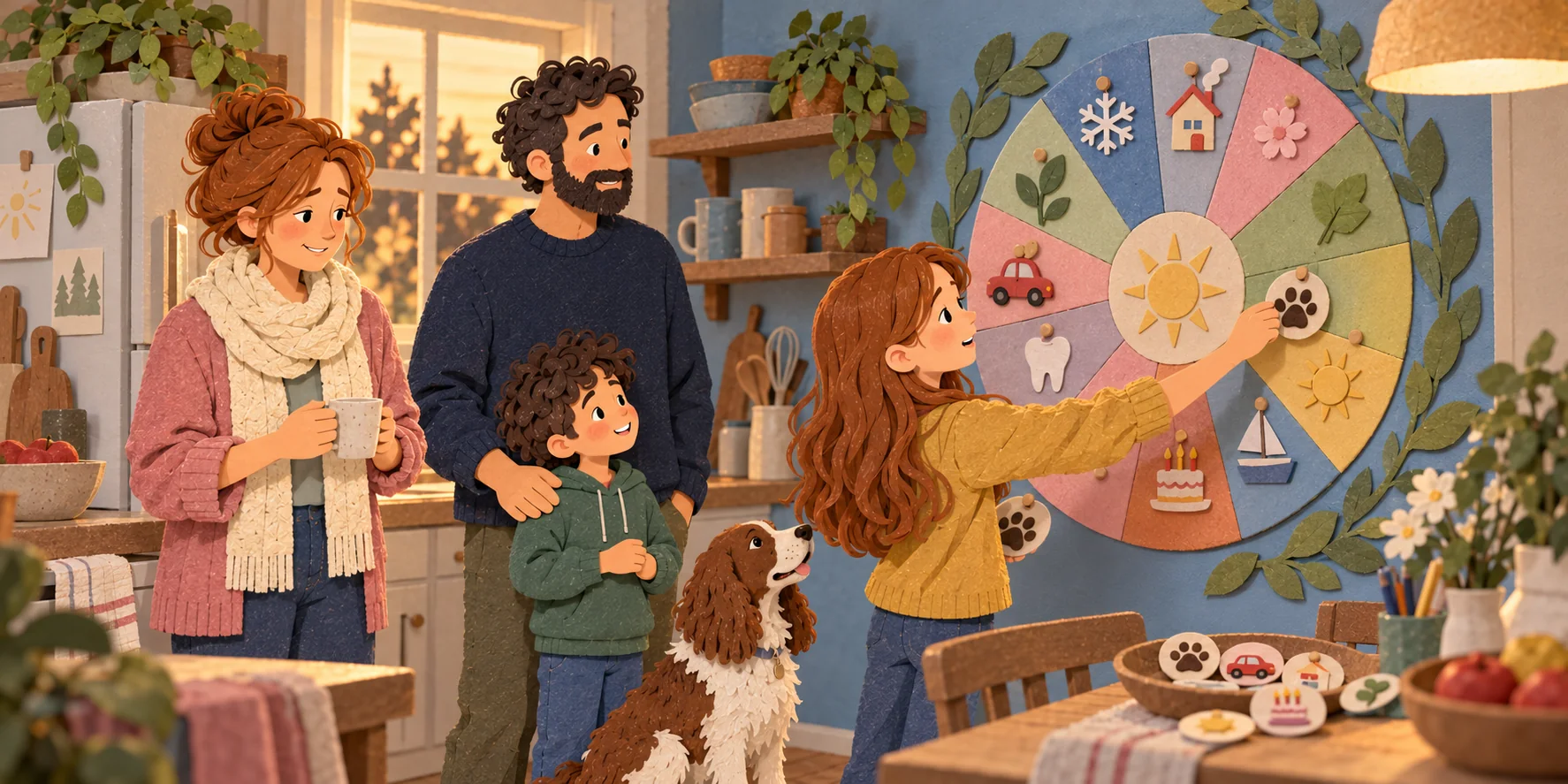 A cut-paper year-wheel on the kitchen wall with tokens for the things that come around each year (a paw print, a car, a house, a tooth, a birthday cake) as the girl pins on the dog’s checkup and the family looks on.