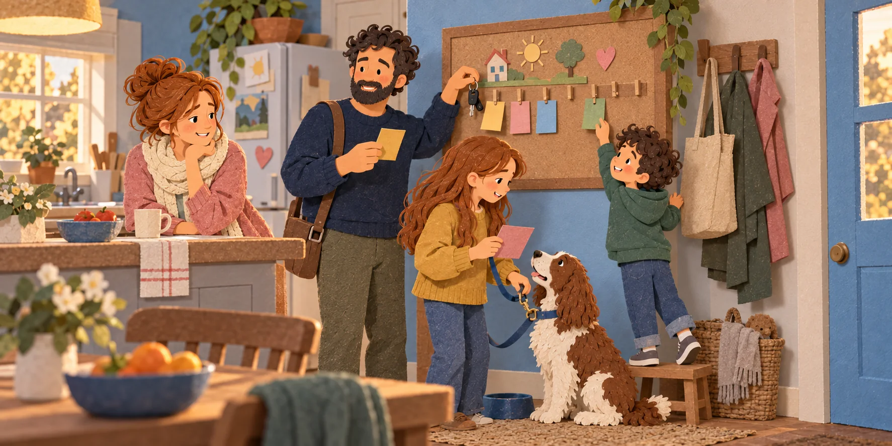 The family list on a cork board in the kitchen: Dad takes a card and the car keys, the girl takes a card and the dog’s leash, her brother reaches for the last one, and Mom smiles, relieved.