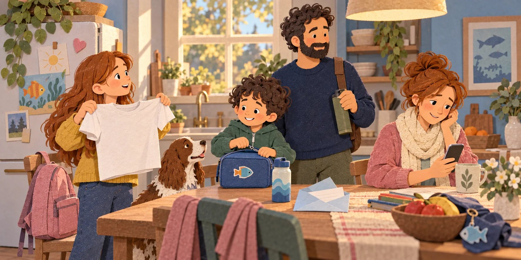 A cut-paper diorama of a calm school morning: the girl holds up a plain white t-shirt, her little brother zips a lunchbox with a fish on it for the aquarium trip, and Mom smiles at a short note on her phone.