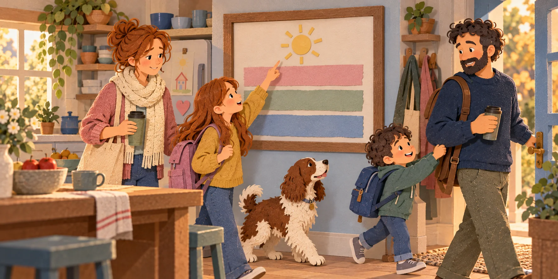 A big wooden-framed screen on the kitchen wall shows a paper sun and three colored rows as the family heads out in the morning, the girl pointing at the sun.